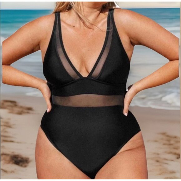 Cupshe Women’s 2X Black One-Piece Swimsuit V-Neck Mesh Sheer Tummy Control - Picture 1 of 9